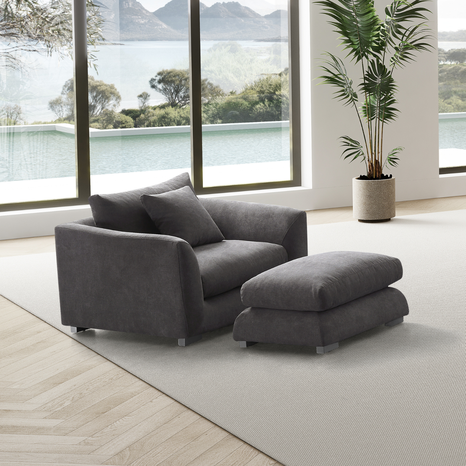 Sydney Feather Sofa + Ottoman - Grey