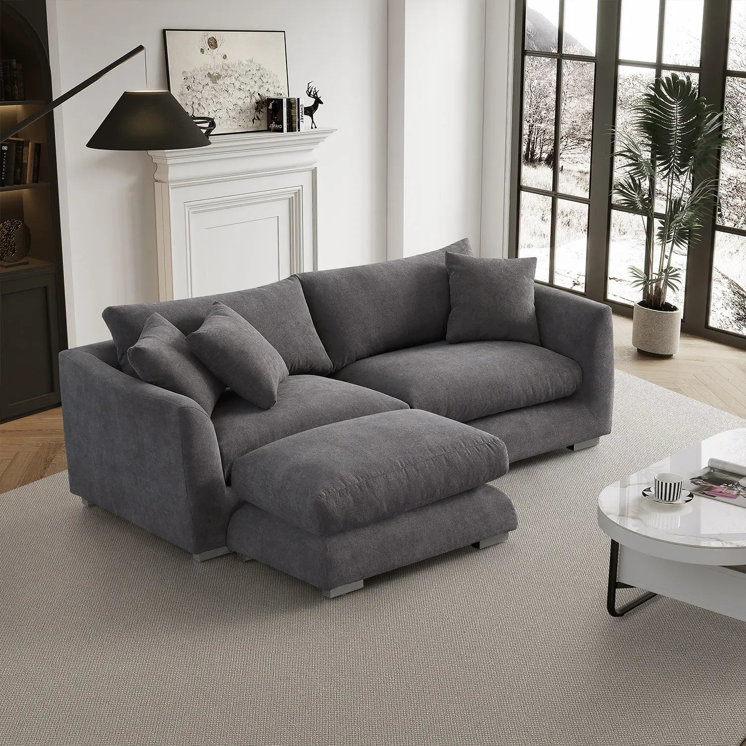 Sydney Feather Sofa + Ottoman - Grey