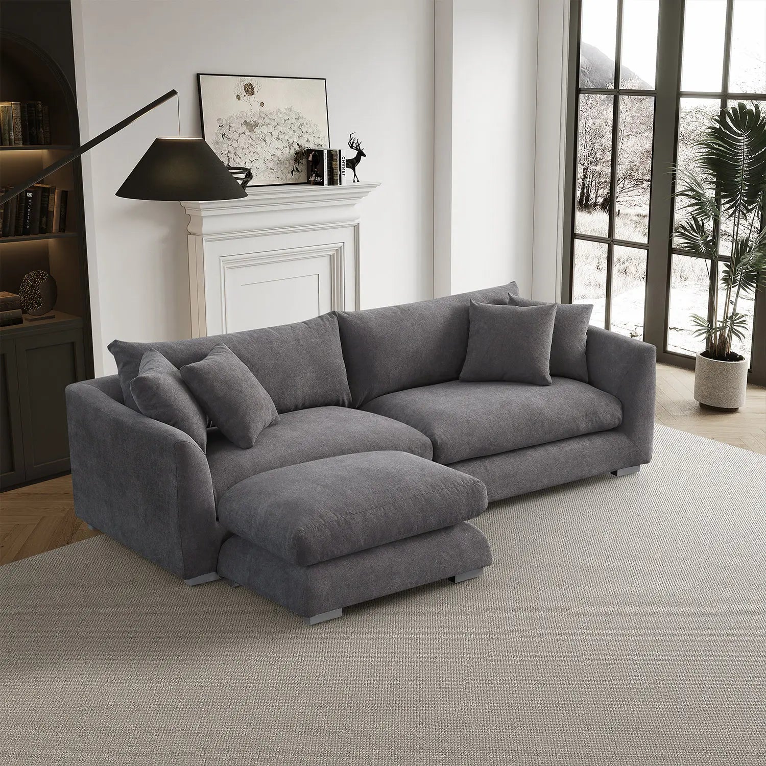 Sydney Feather Sofa + Ottoman - Grey